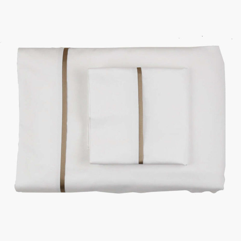 Silk Trim Sheet Set, Queen Sheet Set with 2 Pillowcases, White/Sand