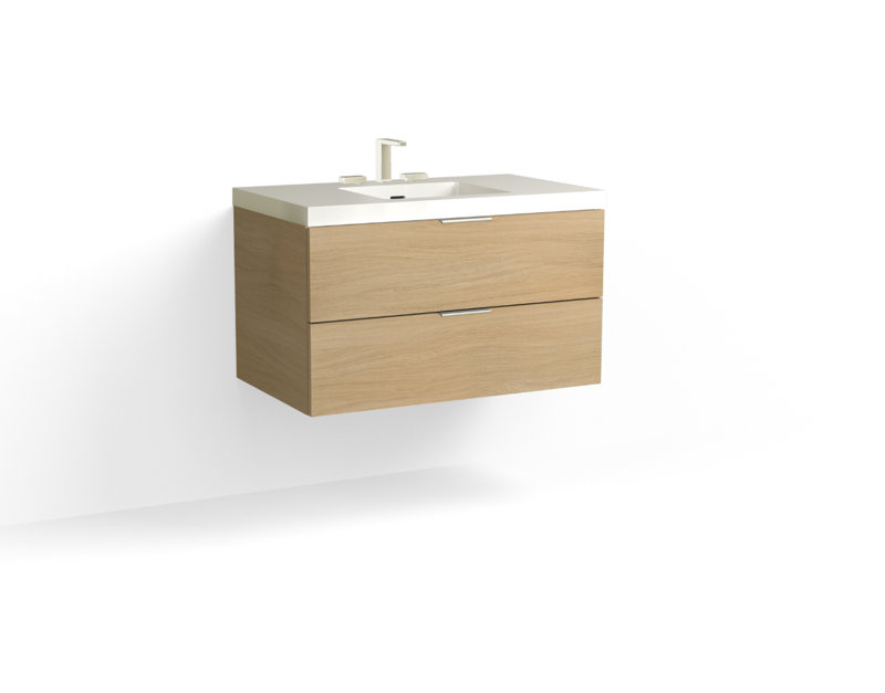 Avila 36" W Wall Mounted Single Bathroom Vanity, Glossy White/8" Widespread, Biondo, Satin Nickel
