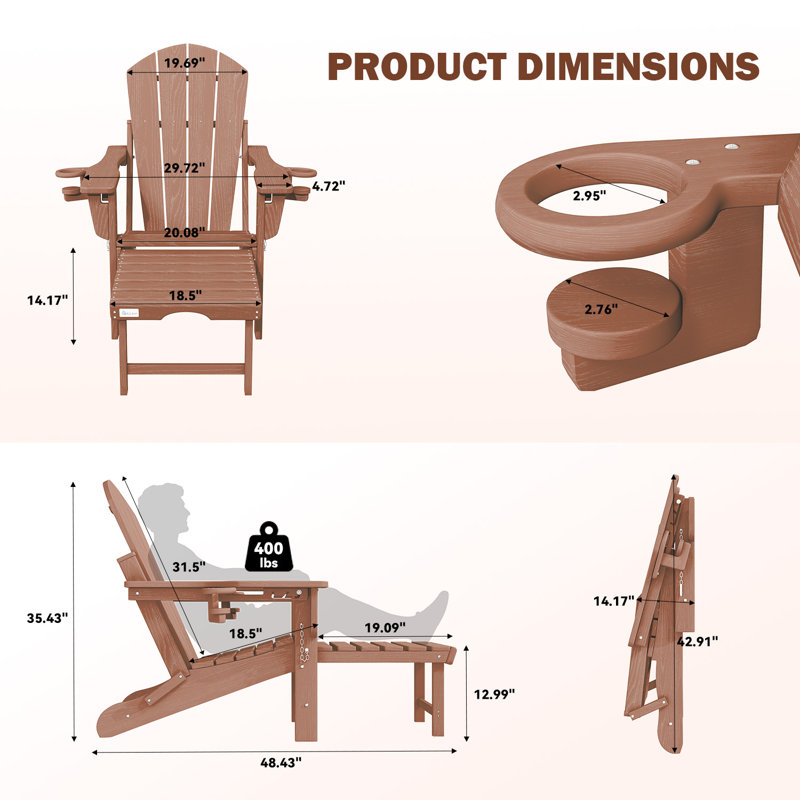 3-Level Adjustable Adirondack Chair with Retractable Ottoman and 2 Cup Holders, Folding All-Weather Outdoor Fire Pit Chair for Deck, Patio, Garden, and Backyard Use, Brown