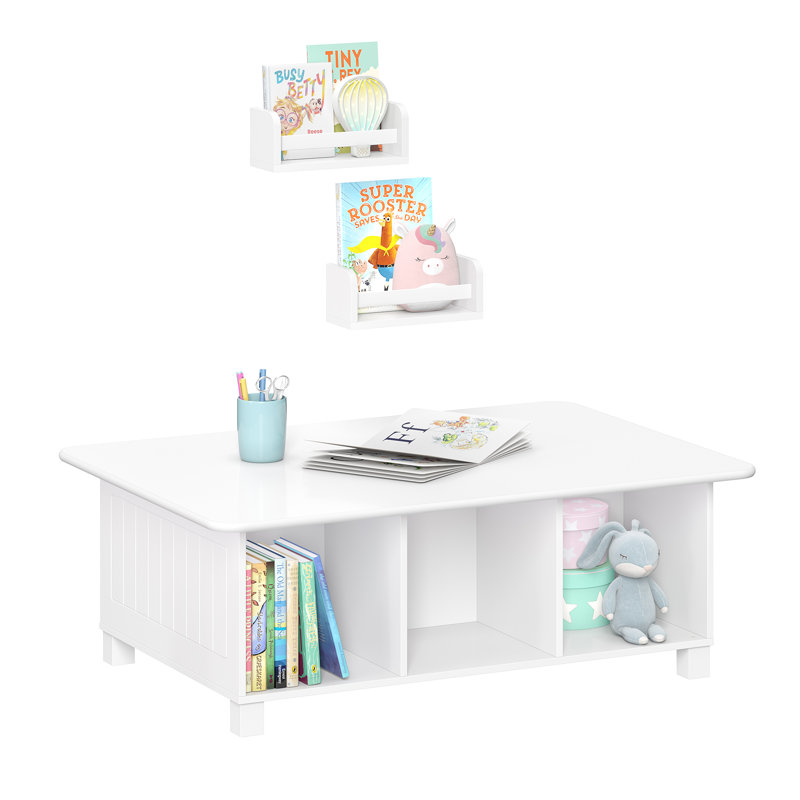 RiverRidge Kids Desk, Activity and Play Table with 6 Storage Cubbies - White with 2 10" Floating Bookshelves