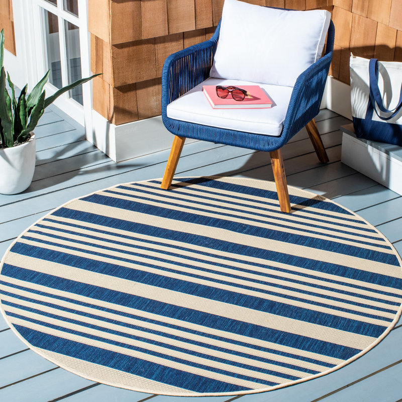 Arneshia Striped Navy/Beige Indoor / Outdoor Area Indoor/Outdoor Area Rug, Round 4'