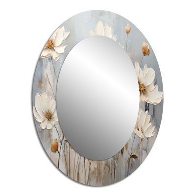 White Buttercups On Beige Simplicity - Traditional Oval Wall Mirror