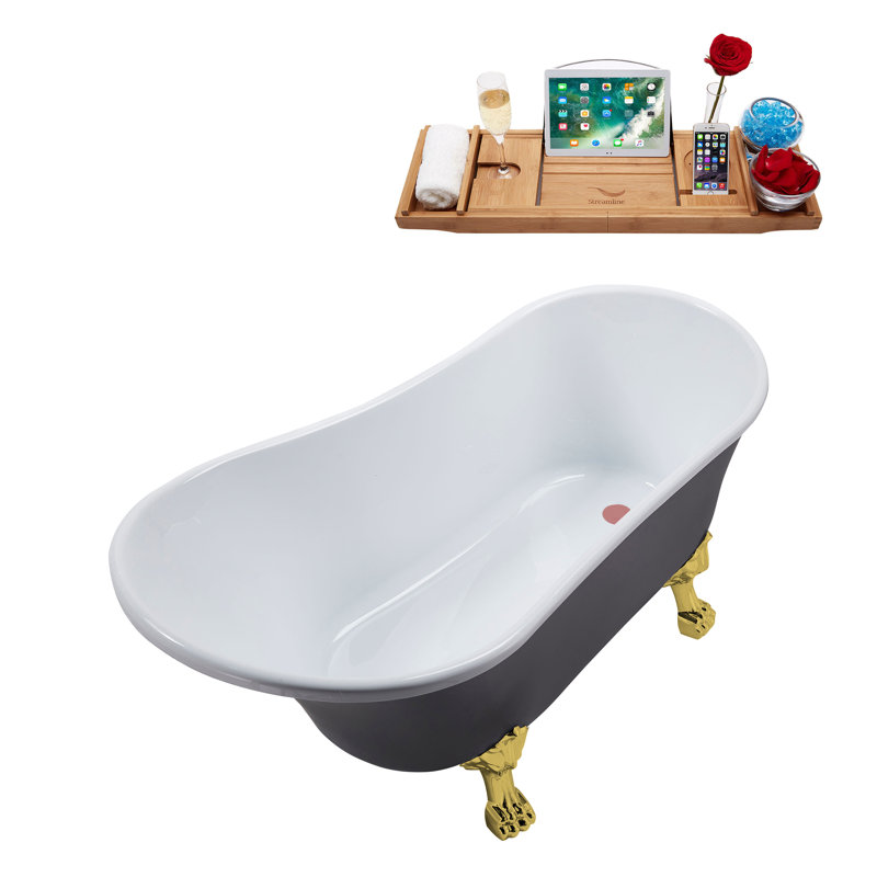 55" Streamline Clawfoot Soaking Acrylic Bathtub With Drain, Clawfeet, and Bamboo Tray, Polished Gold, Matte Pink