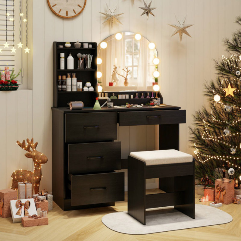 Ensemble coiffeuse et tabouret de maquillage avec miroir et lumières, Noir