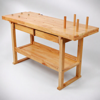 60 Inch Professional Rubberwood Workbench with 2 Drawers, Open Shelf, and Natural Finish for Versatile Use
