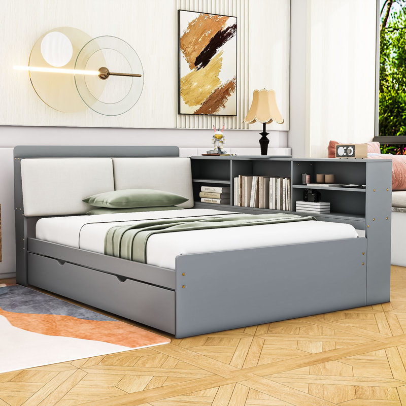 Wood Platform Bed with Twin Trundle, Storage Shelves and Headboard, Gray, Full