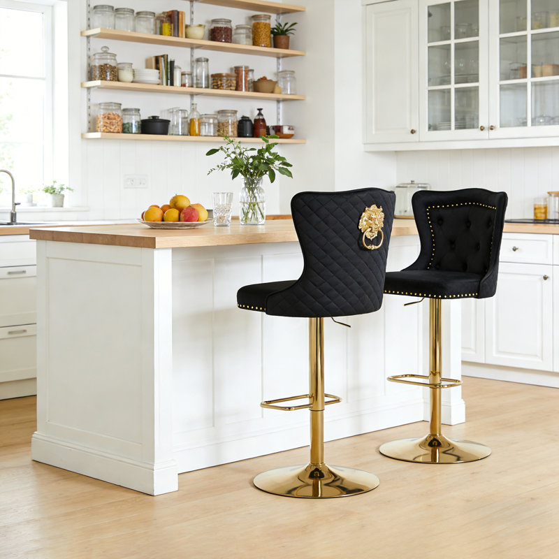 Fredez Swivel Upholstered Adjustable Height Counter Stool, Black, Gold