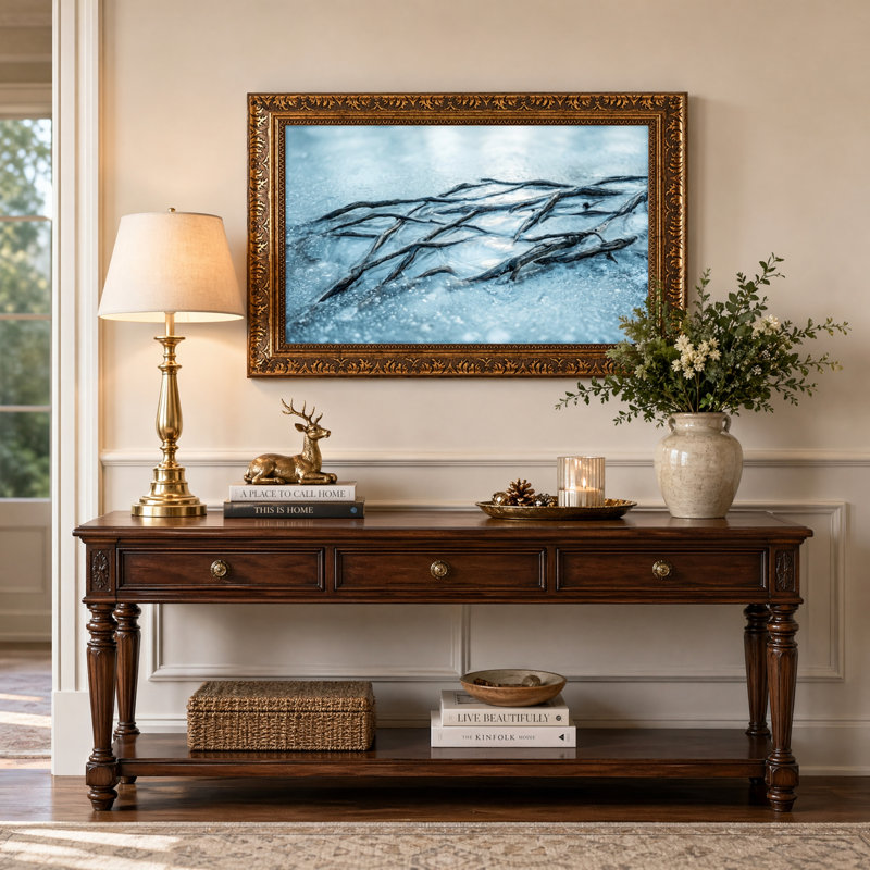 Art mural en toile noyer doré encadré pour salon, chambre à coucher, bureau ou vestibule - décoration murale décorative avec branches gelées