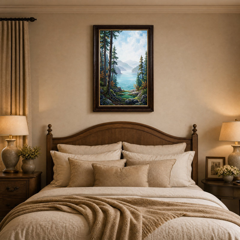 «Pine Trees» encadrant l'art mural sur toile Misty Mountain Lake, H 24 po x l 16 po