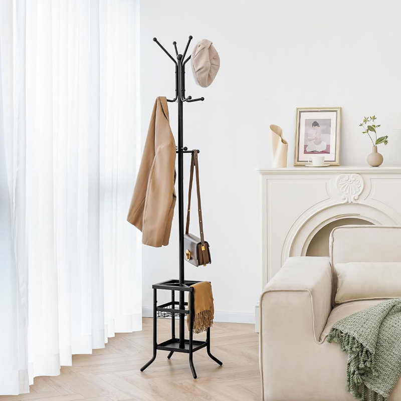 Coat Tree With Umbrella Holder Metal Coat Rack Stand With 12 Hooks, Pink