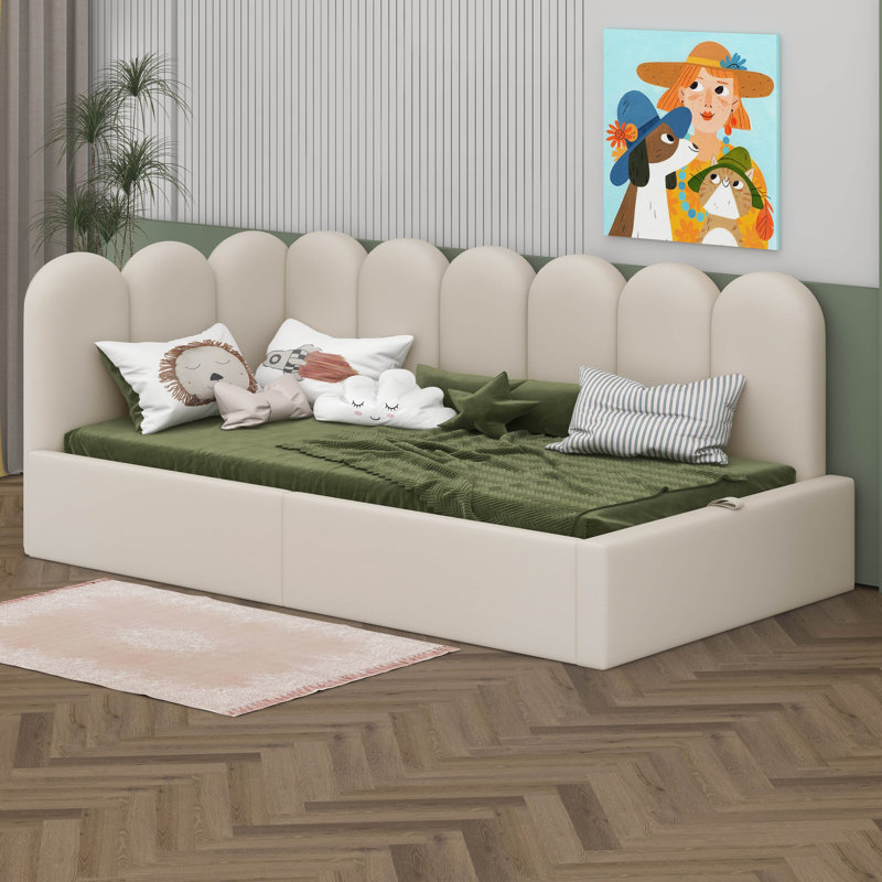 Twin Size Upholstered Daybed With Scallop-Shaped Guardrail And Hydraulic Storage, Velvet Ottoman Sofa Bed, Metal Slatted Frame