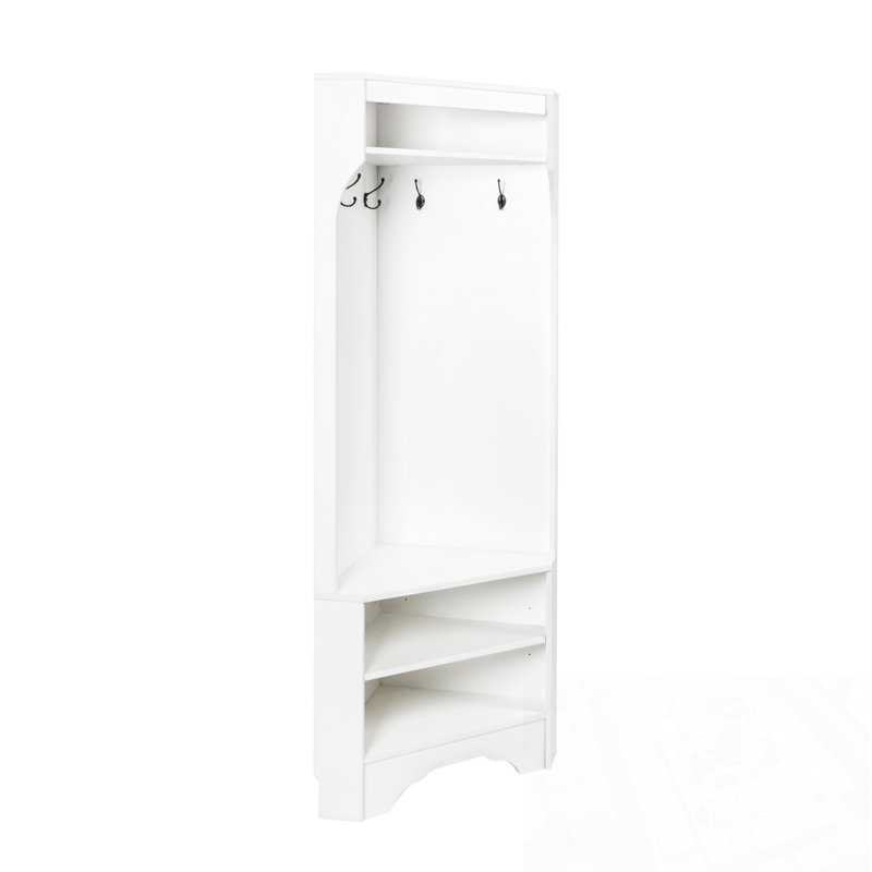 Corner Hall Tree with Shoe Bench, 4 Hooks and Adjustable Shelf, White
