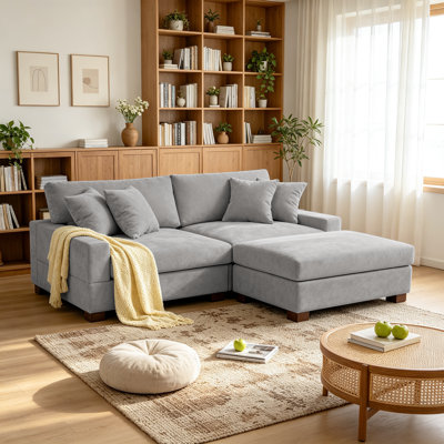 3 - Piece Upholstered Gray Chenille Modular Sectional Sofa with Throw Pillows & Removable Ottomans