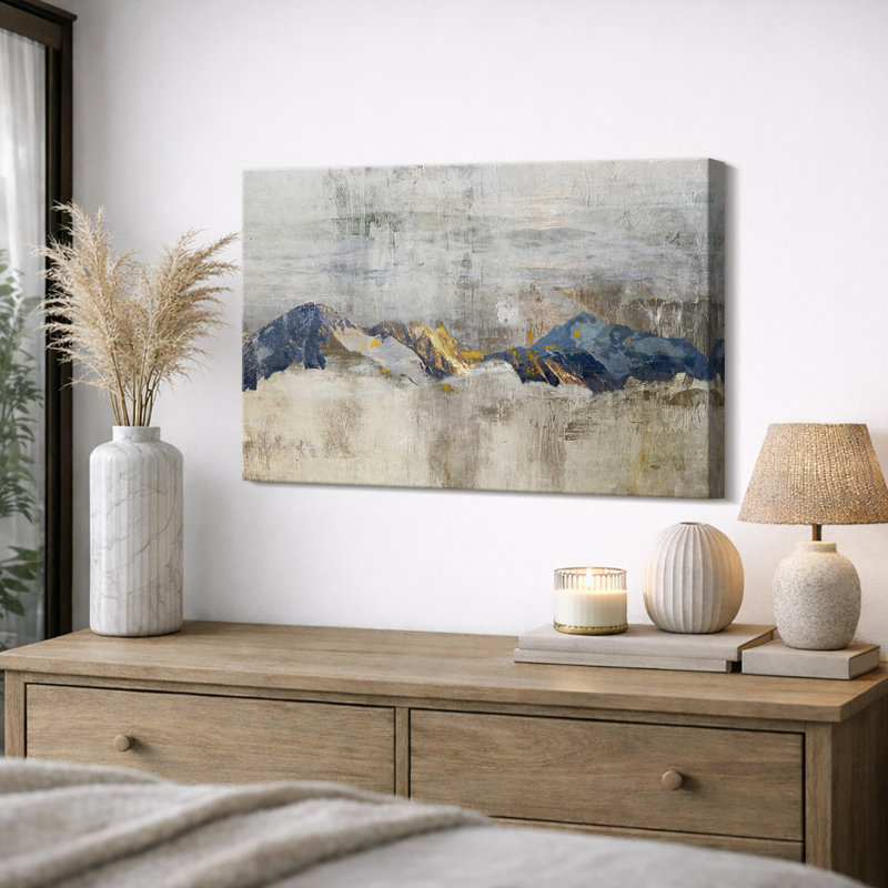Œuvre d'art moderne abstrait montagne dorée, photos de salon, impression sur toile encadrée., H 32 po x l 48 po, Toile tendue