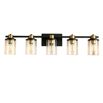 Luminaire de salle de bain à 5 lumières noir et doré, luminaires de salle de bain de style campagne moderne montés / descendants réversibles au-dessus du miroir, applique murale en verre noir mat pour salle de bain, éclairage de miroir de salle de bain E26 câblé pour chambre de salle d'eau