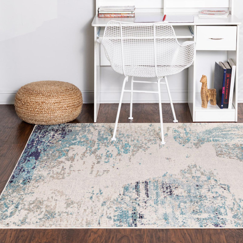 Tapis abstrait beige / bleu, Rectangle 9 pi 10 po x 14 pi