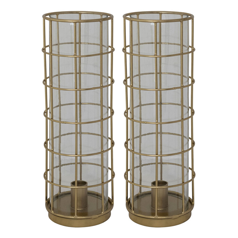 Round Metal Taper Candle Holder In Cage With Glass Hurricane
