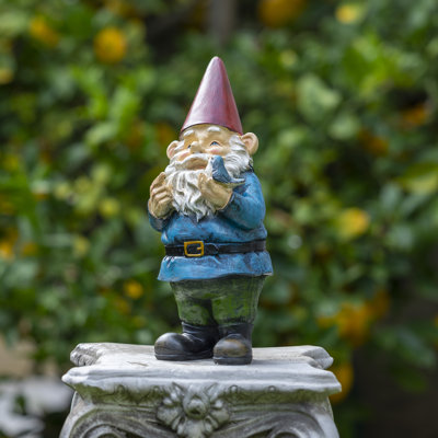 Nyla 12" Tall Outdoor Garden Gnome with Bird Yard Statue Decoration, Multicolor