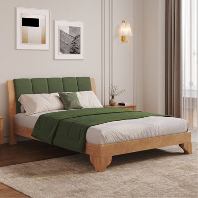 Cadre de lit grand en bois de pin de qualité supérieure, cadre de lit grand avec tête de lit inclus, lit moderne de style Mid-Century, couleur naturelle et verte