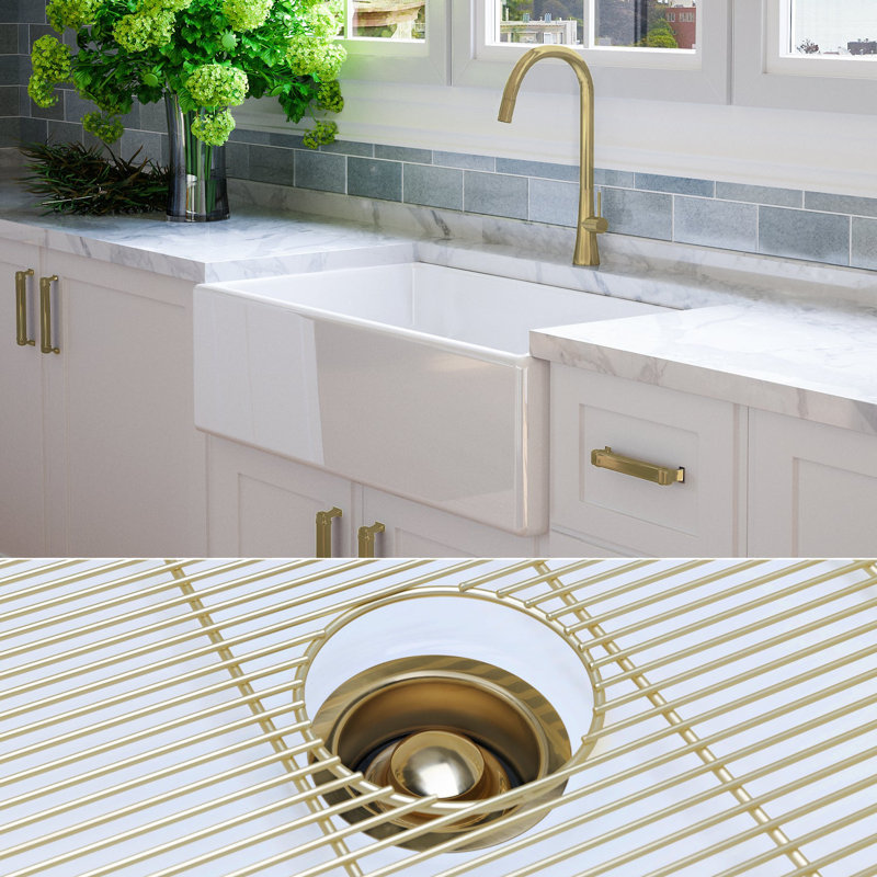 Luxury 33" L x 20" W Dual Mount Kitchen Sink with Basket Strainer, Brushed Brass Accessories