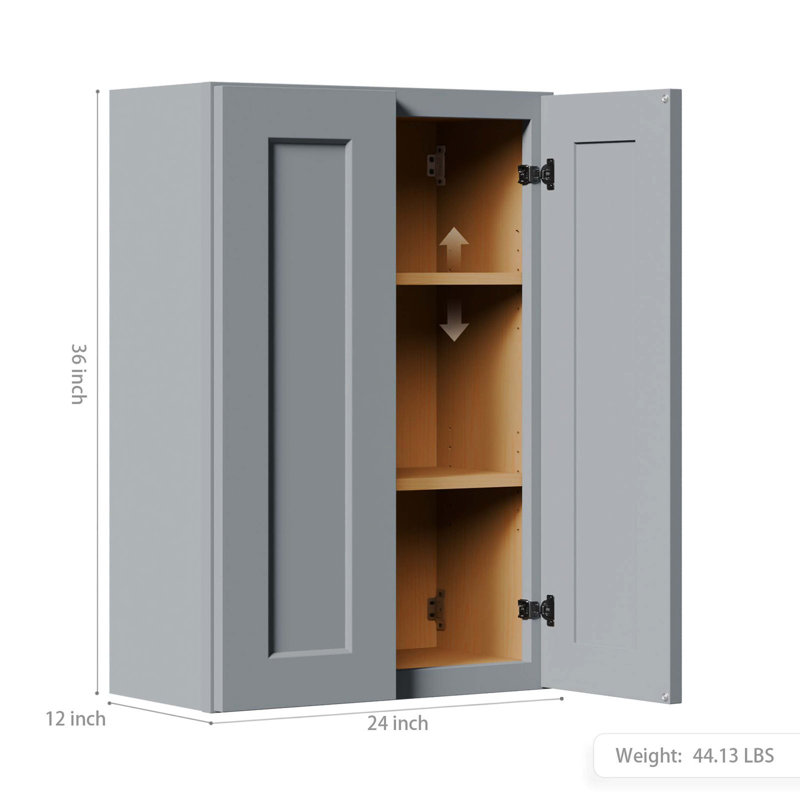 Armoire murale 24 po en bois massif gris Shaker avec portes à fermeture en douceur et tablettes réglables, rangement polyvalent pour la cuisine, la salle de bain, la buanderie et le garage, l 24 po x P 12 po x H 36 po, facile à assembler