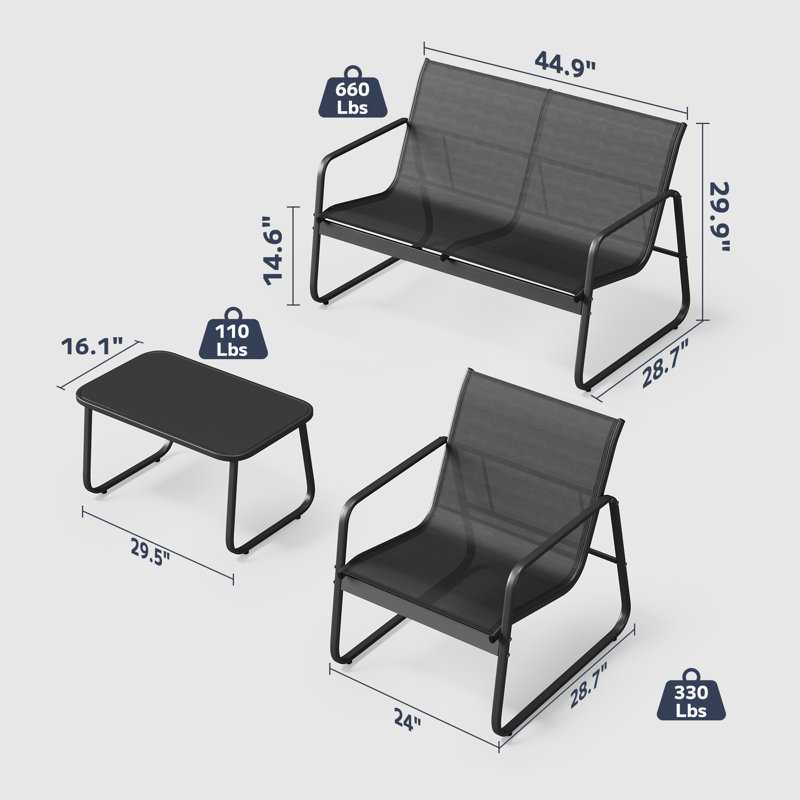 4-Piece Patio Conversation Set – Loveseat, 2 Chairs & Glass Table for Balcony or Garden, Black