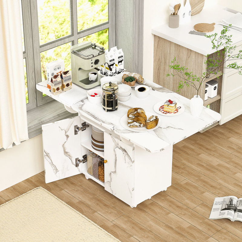 47" Wood Folding Dining Table With Storage Rack And Cabinet, Removable Entryway Table With 6 Wheels, White Marble Kitchen Island, Side Table And Coffee Table Versatile Table Space Saving
