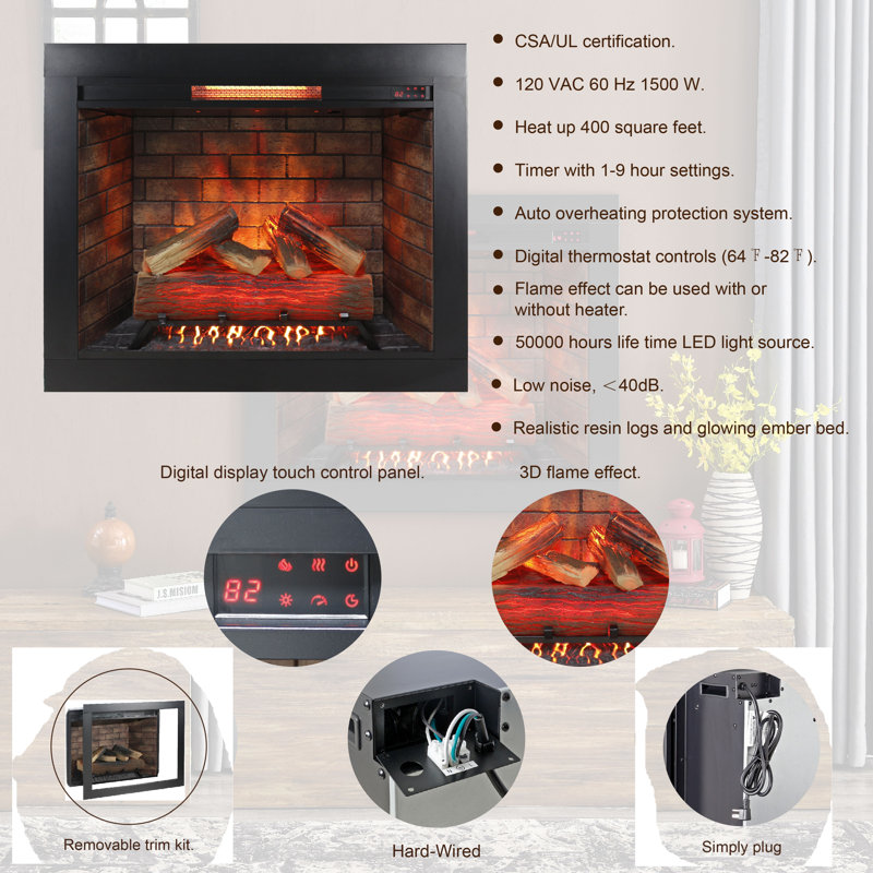 33 Inch Infrared Electric Fireplace With Removable Trim Kit Insert, Touch Panel Home Decor Heater, Smokeless Firebox With Fire Crackling Sound