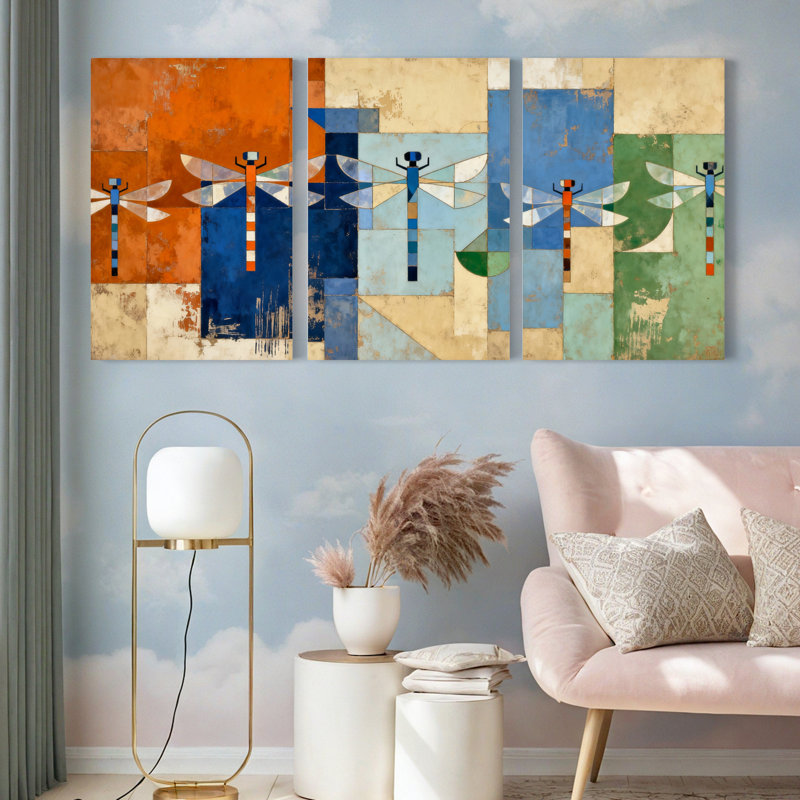 Tableau abstrait libellule sur toile tendue (lot de 3), H 18 po x l 36 po