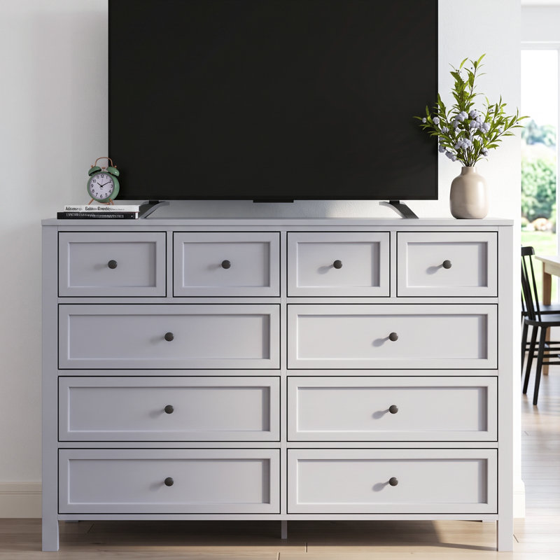 Grey Dresser with 10 Drawers for Bedroom, Farmhouse Chest of Drawers, Wide Large Dresser TV Stand with Deep Drawers & Metal Handle