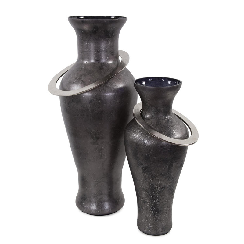 Black Ore Glass Vase with metal accent- Medium, 27.5" H x 10.5" W x 10.5" D