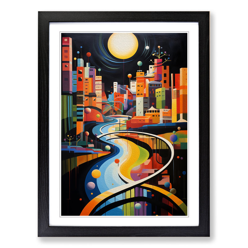 River Constructivism - Single Picture Frame Print on Wood, Black, 64cm H x 46cm W x 2cm D