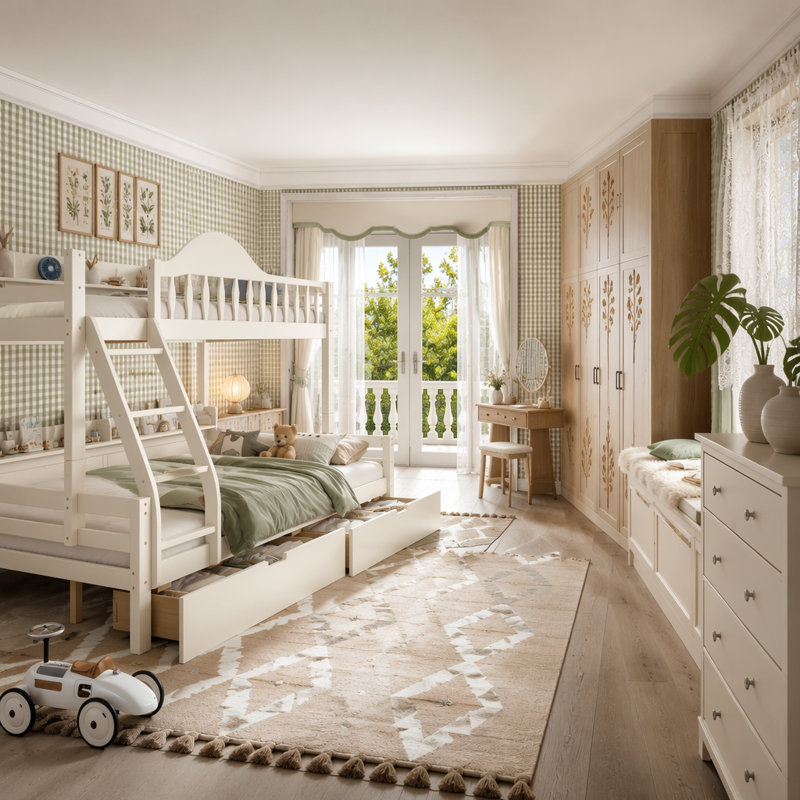 Lit superposé simple au-dessus d'un lit double avec tiroirs de rangement, garde-corps courbé chic et tablettes de rangement latérales, structure de lit superposé en bois massif avec échelle, aucun sommier tapissier nécessaire. Beige