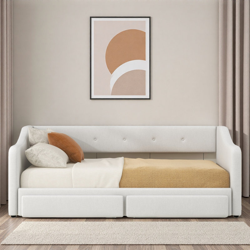 Lit de jour simple tapissier très grand avec deux tiroirs, Beige