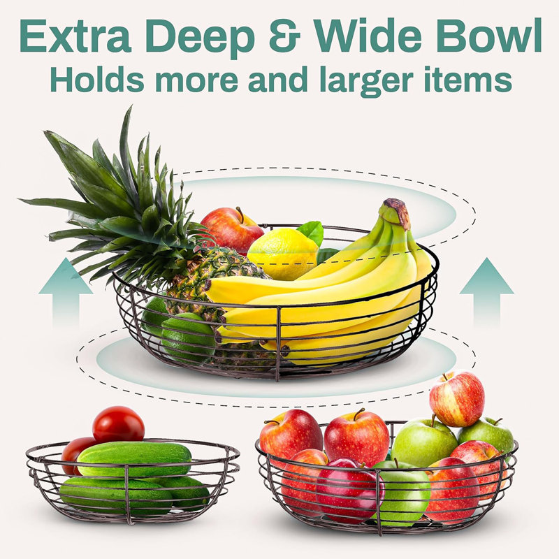 3-tier Round Hanging Fruit Produce Basket Heavy Duty Wire With 2 Metal Ceiling Hooks