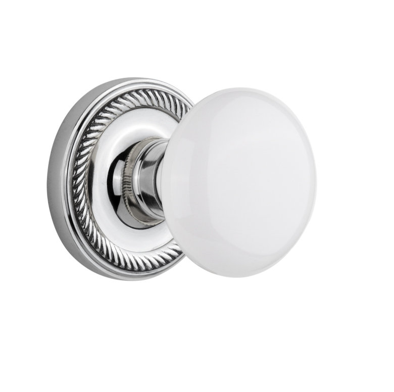 Rosette corde avec bouton de porte en porcelaine blanche, Chrome brillant, 2 3/8 po