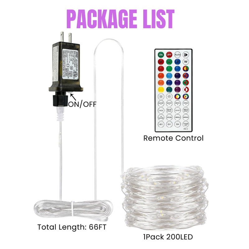 66ft 200 Led Rgb Color Changing String Lights With Remote, 24 Colors, Waterproof, Indoor And Outdoor Twinkle Lights
