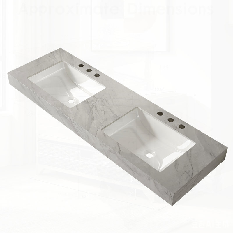 Durable Vein Sintered Stone Top with 2 Undermount Ceramic Basins, Pre-drilled Faucet Holes, No Cabinet, Ideal for Modern Bathrooms