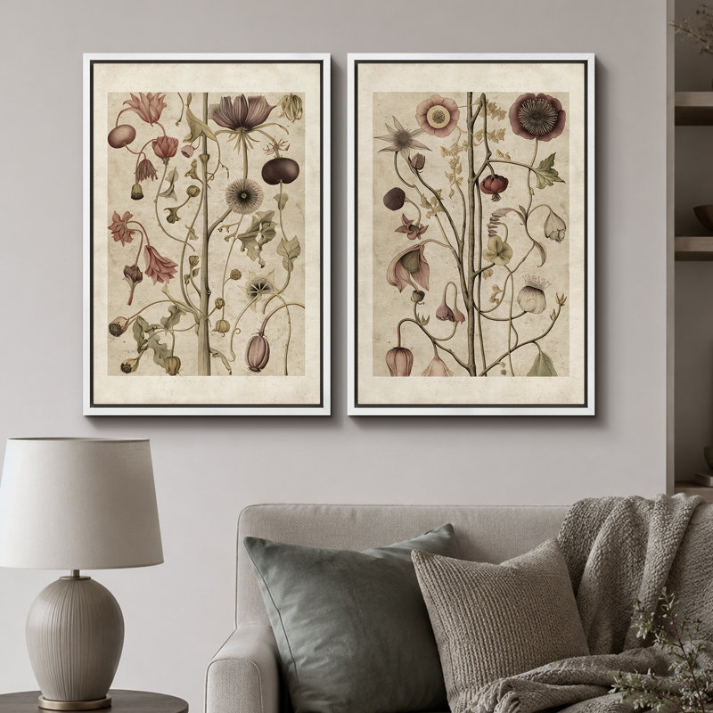 Abstrait botanique, "plante florale classique, photos murales de cuisine neutres rétro, impression sur toile encadrée 2 pièces"