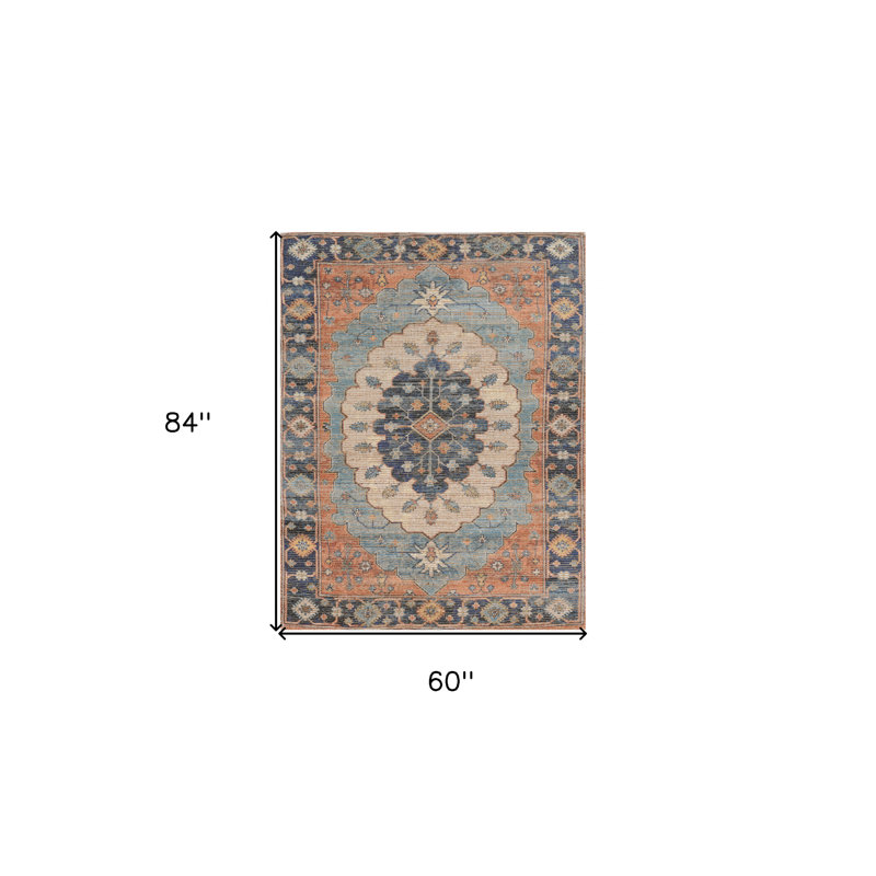 Blue Medallion Hand Woven Area Rug, Rectangle 5' x 7'