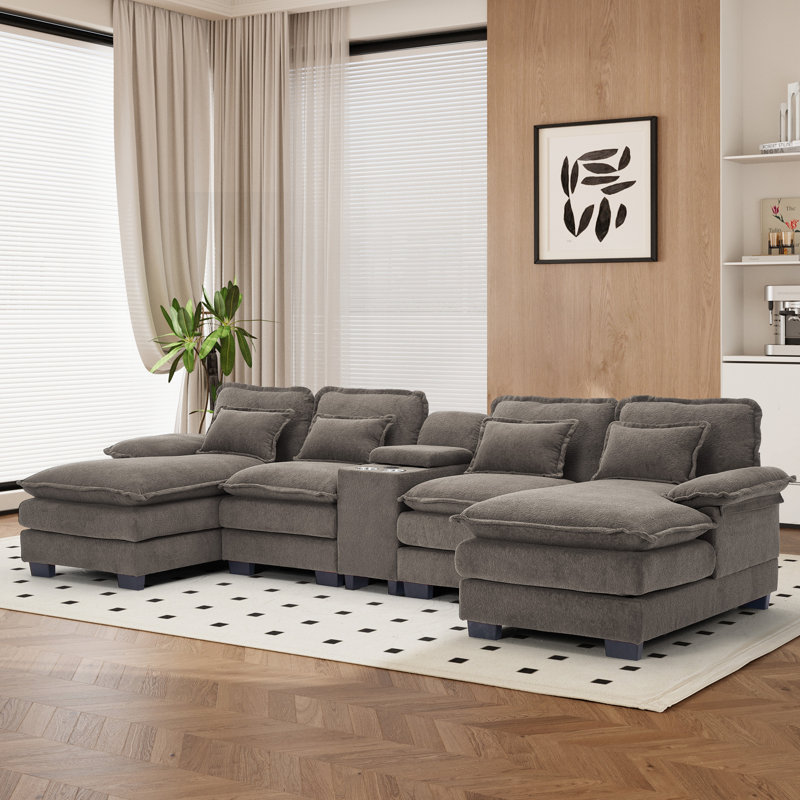 5 Piece U Shape Sectional Sofa Cloud Couch Double Chaise Sectional Couch with Console, Stone Grey Chenille