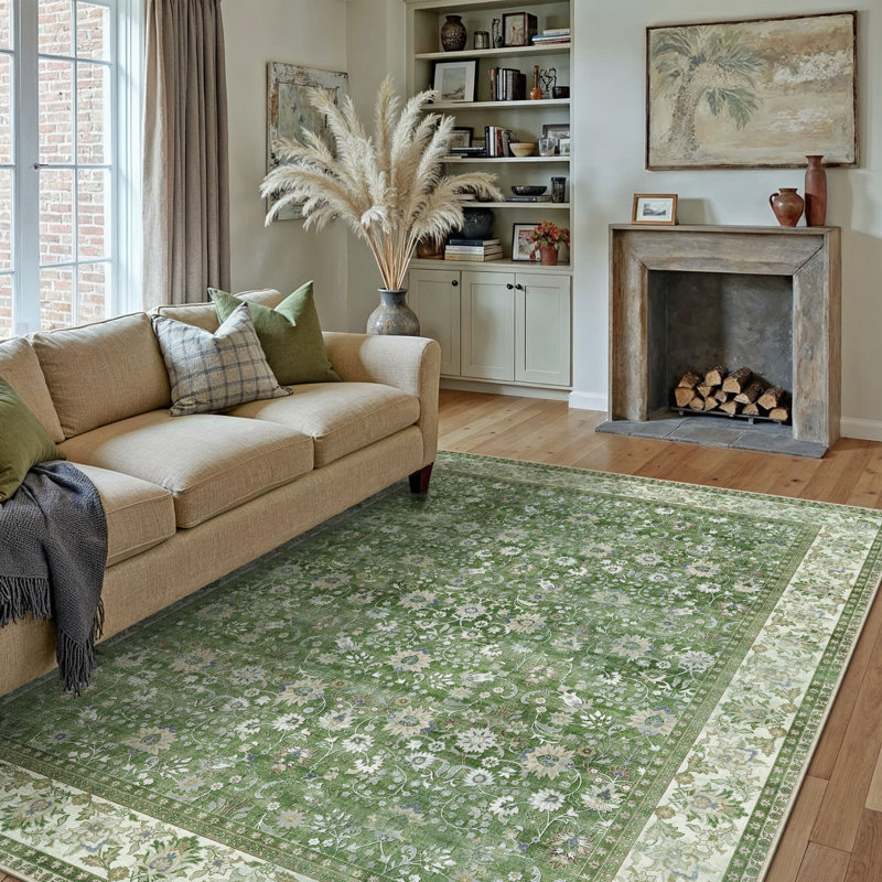  Kitty Machine Washable Oriental Area Rug with Non-Slip Backing, Rectangle 9' x 12', Light Green