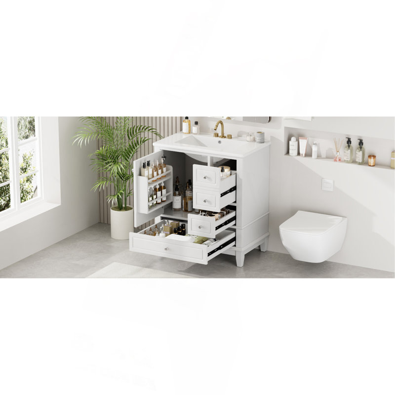 Meuble-lavabo 30 po avec lavabo, une porte avec tablette et trois tiroirs, porte à fermeture en douceur, Blanc