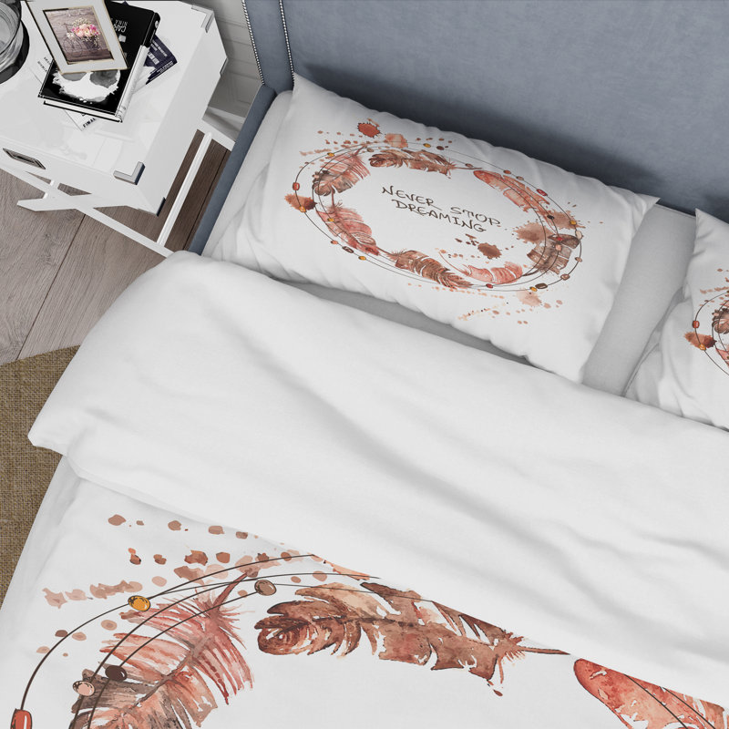Impression de plumes d'oiseaux dans des tons de terre - Ensemble de housse de couette traditionnel - Microfibre de polyester