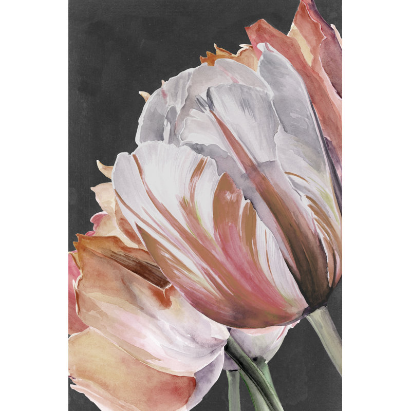 «Pastel Parrot Tulips III» par Jennifer Paxton Parker - peinture sur toile tendue, H 30 po x l 20 po x P 1,25 po