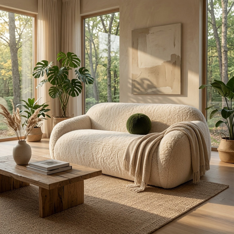 Canapé moderne Dera, coussin vert olive, fausse fourrure beige sable, 84 po, 31.5" H x 84.3" W x 38.8" D
