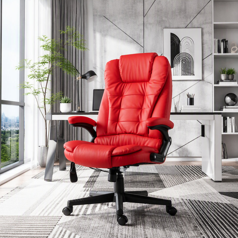 Chaise de bureau inclinable chauffante avec 6 points de vibration, Simili cuir, Rouge, Rouge
