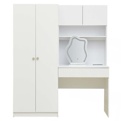 2-Door Wooden Storage Vanity Wardrobe For Bedroom With Makeup Mirror And Drawers