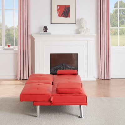 Lit double pliant rouge 67 po multifonctionnel pour appartement et maison, se transforme en quelques minutes, plusieurs réglages réglables, tissu doux, espace de soutien des pieds en métal, lit, cuir synthétique, solide