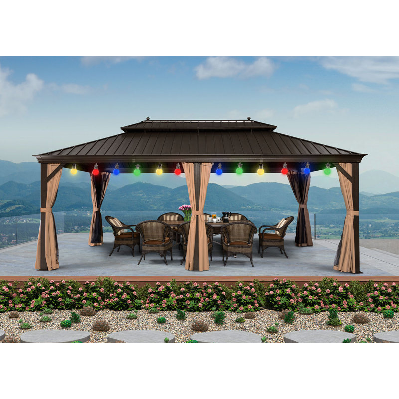 Metal Patio Gazebo with 48 Ft String Lights, 12 ft x20 ft